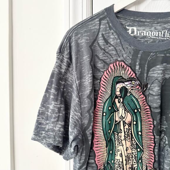 Dragonfly Vintage Grey Burnout Crew Neck Snakehead Religious Mary T Shirt Large - Picture 3 of 10
